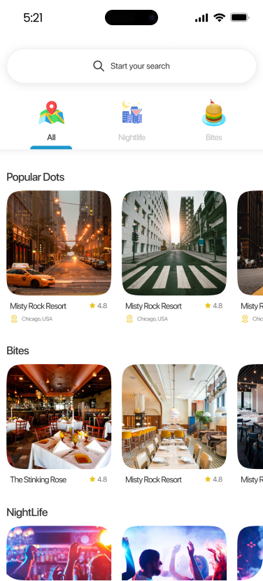 The Dots explore screen with popular places, bites and nightlife